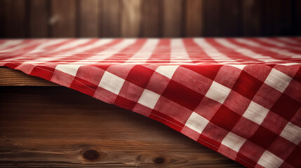 red and white checkered kitchen tablecloth on wooden table