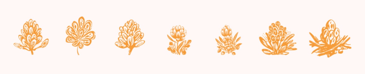Block print rustic floral folkart isolated vector motif collection for linocut natural design. Shabby chic set of icon of botanical element in bold scandi style. 