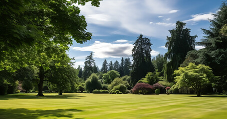  landscape with green grass and blue sky, blank space for copying text