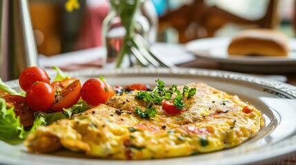 Omelet with cheese and spinach, copy space. - obrazy, fototapety, plakaty