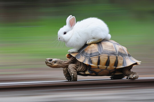 White rabbit riding on turtle's back