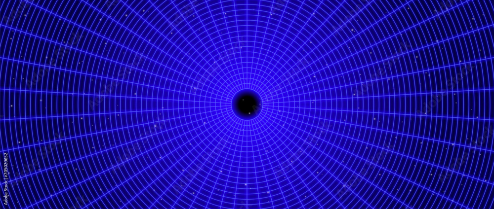 Poster Dark blue glowing wireframe tunnel. Neon wormhole in deep space with stars. Grid tunnel in perspective. Funnel or portal illusion. Circular mesh structure tube. Vector optical illusion illustration