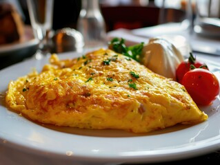 Omelet with cheese and spinach, copy space. - obrazy, fototapety, plakaty