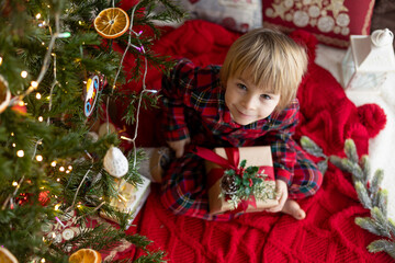 Cute child, cute boy, sleeping under the christmas tree, waiting for Santa Claus at night to come