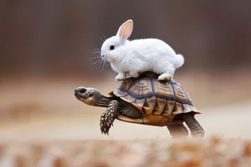 Foto op Aluminium White rabbit riding on turtle's back © lc design