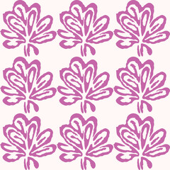 Linocut rural purple floral folkart seamless vector pattern for block print nature design. Icon of hand drawn quirky plant sprig illustration in tiled background for scandi naive graphic swatch.
