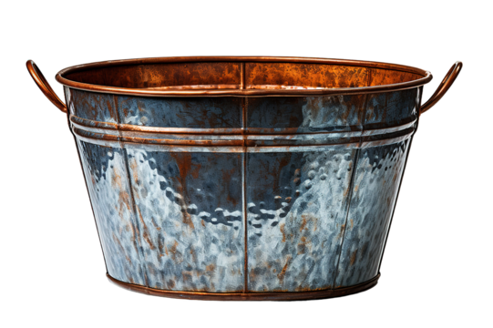 Empty old fashion silver bucket isolated on PNG Background. Generative Ai.