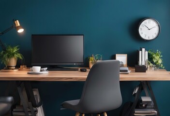 Office creative desk with supplies and blue wall Mock up stock photoDesk Office Home Office Backgrounds