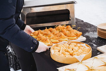 Outdoor catering, delicious cheese sandwiches, sweet treats, outdoor food, party food.