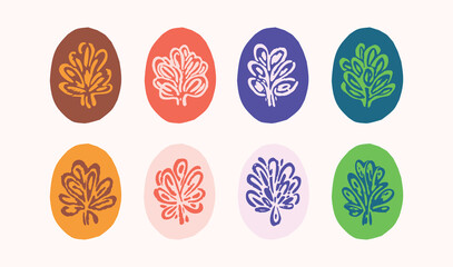 Linocut plant sprig in colorful frame vector motif set. Folkart collection of rural rustic floral in shabby chic scandi style. Clipart collection for graphic quirky leaf illustration. 