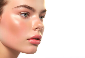 Fototapeta premium Fashion Concept. Closeup portrait of girl in natural makeup glow look with beautiful skin. illuminated with dynamic composition light. sensual, natural, advertisement, copy text space