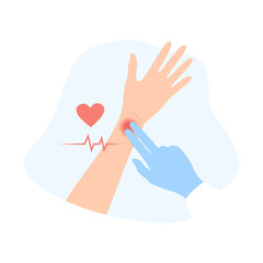 A doctor measuring a patient's pulse, isolated on white background. Flat vector illustration