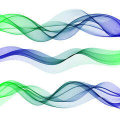 Set of blue green waves, horizontal transparent waves on a white background