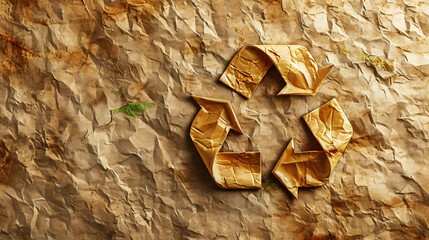 Crumpled Paper Recycle Symbol on Brown Paper Background