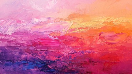 A vibrant oil painting of an abstract sunset, with bold strokes and layers in shades of pink, orange, and purple. Breathtaking art. 