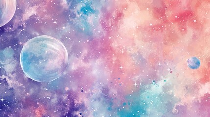 Obraz na płótnie Canvas A watercolor celestial depiction of a pastel-colored galaxy, with stars and planets in shades of pink, lavender, and mint. 