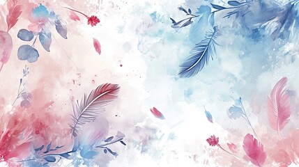 A whimsical watercolor background with floating feathers and flowers, painted in delicate shades of pink, blue, and lavender. 