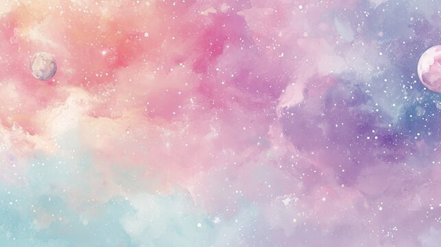 A Watercolor Celestial Depiction Of A Pastel-colored Galaxy, With Stars And Planets In Shades Of Pink, Lavender, And Mint. Wallpaper Texture, Backgrounds Graphics. 