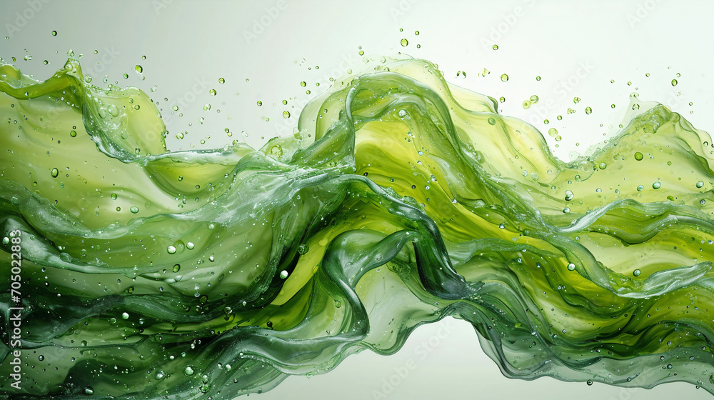 Poster green abstract shape flows on a light background, wavy flow, background with wavy lines, smooth wave