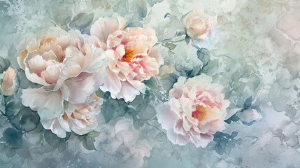 Obraz na płótnie Canvas An ethereal flat lay of loosely painted watercolor peonies and roses. Gorgeous wallpaper texture. 
