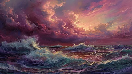 Poster An oil painting depicting a stormy sea at sunset, with dramatic waves and clouds in shades of pink, purple, and gold. © Dannchez