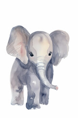 Arte de um elefante cinza fofo pintado em aquarela - Ilustração para cartaz infantil 