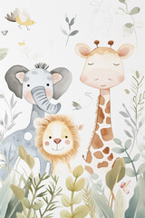 Ilustração infantil do animais leão, girafa e elefante com plantas no fundo branco - Arte em aquarela