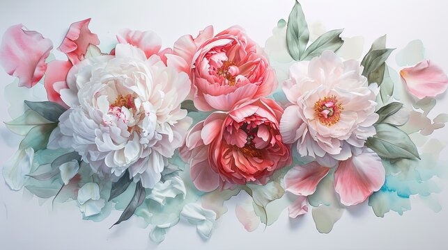 An ethereal flat lay of loosely painted watercolor peonies and roses. Gorgeous wallpaper texture. 