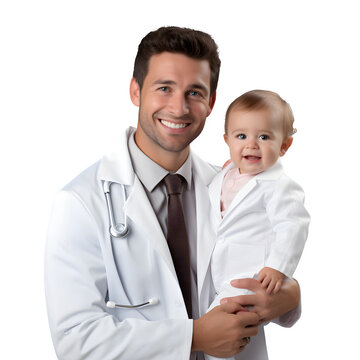 Happy young doctor with hugging cute baby, smiling as baby father holding baby with love and care  in studio, isolated on transparent background Generative AI	