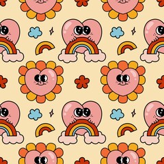 Pink heart rainbow and flower cartoon mascot groovy Seamless pattern y2k retro style 90s psychedelic minimal for valentine day background wallpaper book cover