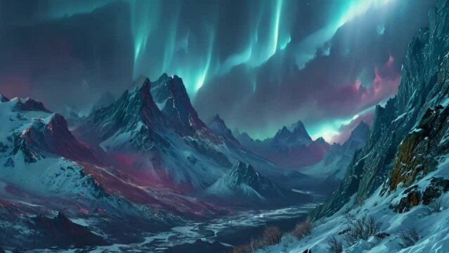 Northern lights beautiful Aurora sky in the mountains. Amazing view on the Norther light over high mountains covering with snow, forces of nature, Aurora moving Beauty