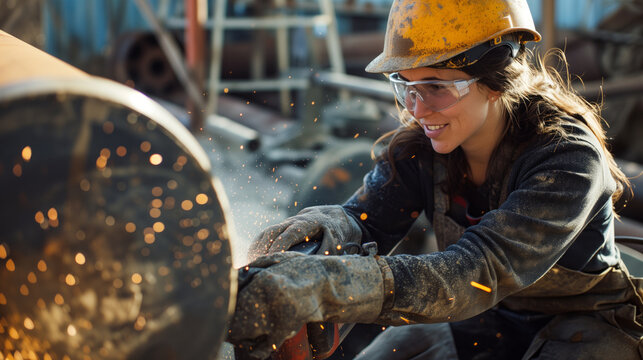 female metalworker works on a large metal tube. generated by ai