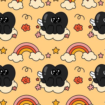 black heart rainbow and flower cartoon mascot groovy Seamless pattern y2k retro style 90s psychedelic minimal for valentine day background wallpaper book cover