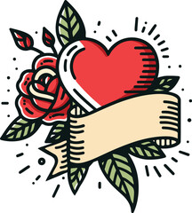 Traditional Tattoo Hearts and Scrolls Vector SVG collection with Roses .  Classic Mom tattoo art, this valentine beautifully rendered hearts and scrolls temporary tattoos transparent background