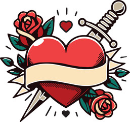 Traditional Tattoo Hearts and Scrolls Vector SVG collection with knife dagger .  Classic Mom tattoo art, this valentine beautifully rendered hearts and scrolls temporary tattoos transparent background