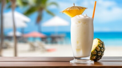  pina colada cocktail, blurry tropical beach bar in the background, 16:9