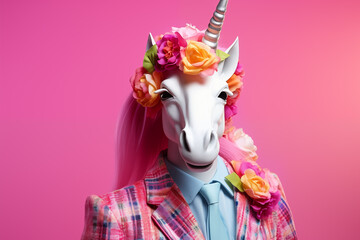  A close-up of a unicorn adorned in glamorous high-end couture, isolated against a bright background. This creative animal concept is perfect for advertisements