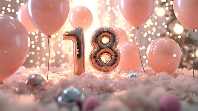 realistic isolated invitation card for Happy Birthday with 18 number golden balloon and confetti.