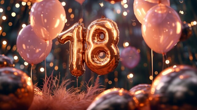 realistic isolated invitation card for Happy Birthday with 18 number golden balloon and confetti.