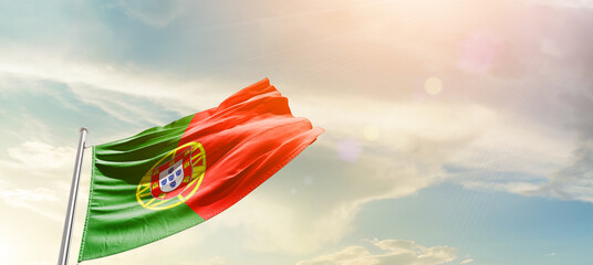 Portugal national flag cloth fabric waving on the sky - Image