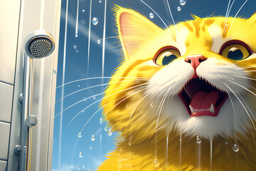 a yellow cat taking a shower. Generative AI