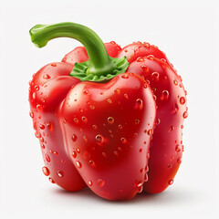 Red Pepper with Green Stem in Water Drops on White Background
