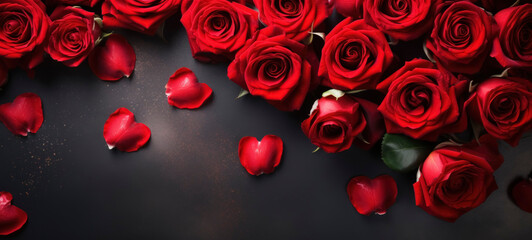 Roses, petals and hearts on a dark background with copy space