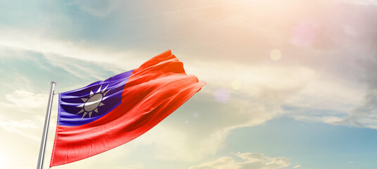 Taiwan national flag cloth fabric waving on the sky - Image - obrazy, fototapety, plakaty