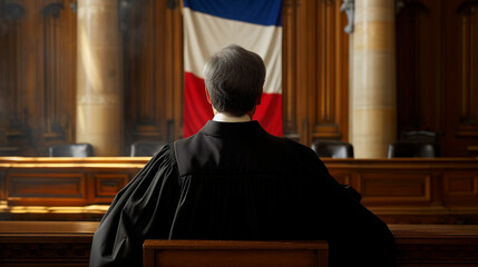 Judge Overseeing Courtroom with French Flag - obrazy, fototapety, plakaty