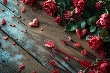 Wooden Love Setting: Explore a romantic scene with a wooden table beautifully decorated with hearts and Cupid's arrows, setting the perfect tone for a Valentine's Day celebration, with inviting copy s