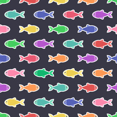 Seamless pattern with colored fish on black background.