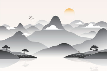 Fototapeta na wymiar Minimalist lines new Chinese sunrise impression landscape vector illustration