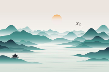 Minimalist lines new Chinese sunrise impression landscape vector illustration