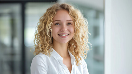 Fototapeta premium Smiling Young Woman with Blond Curly Hair in White Blouse in Office